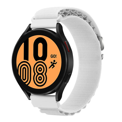 White nylon watch band with metal clasp, shown with a smartwatch display