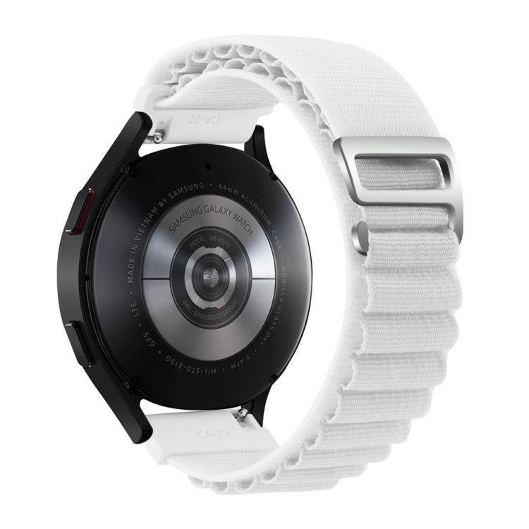 White nylon watch band with metal clasp, smartwatch back view