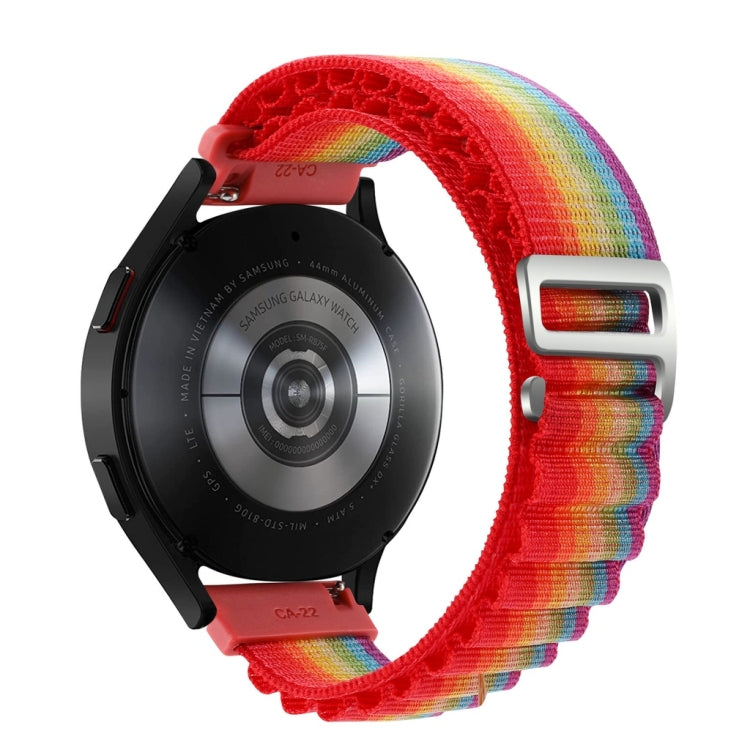 Rainbow nylon watch band with metal clasp and smartwatch back view