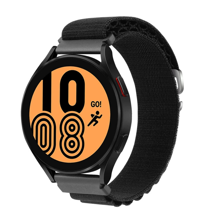 Black nylon watch band with metal clasp, shown with a smartwatch display