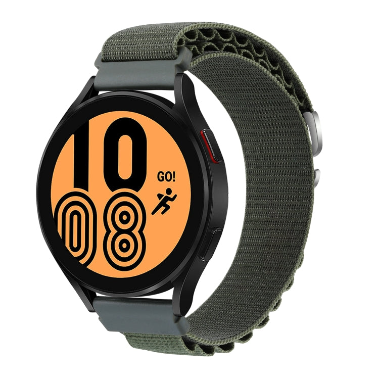 Green nylon watch band with metal clasp, shown with a smartwatch display