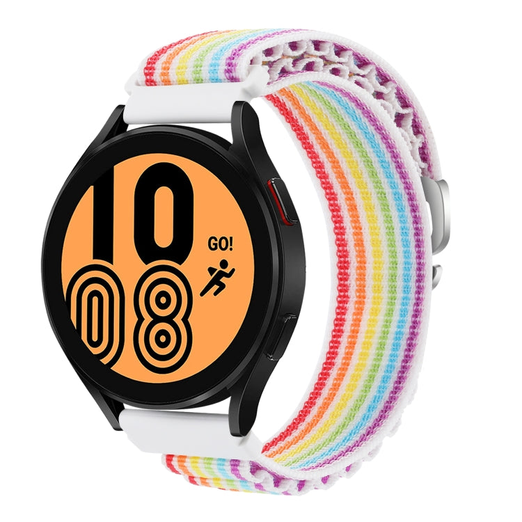 Multicolor rainbow nylon watch band with metal clasp, smartwatch front view