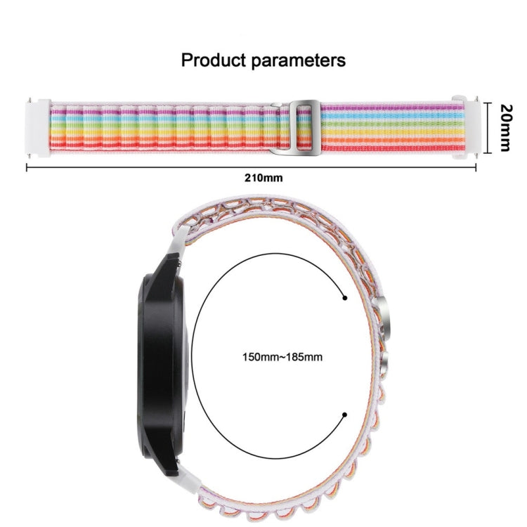 Rainbow nylon watch band with metal clasp, shown with size measurements