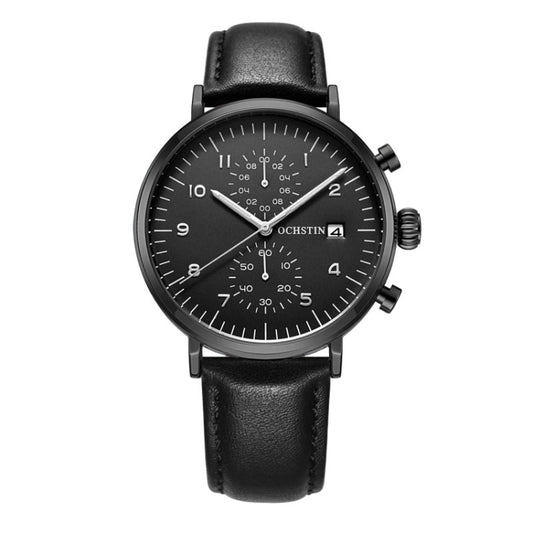 Black leather quartz watch with dark dial, silver bezel, and three subdials