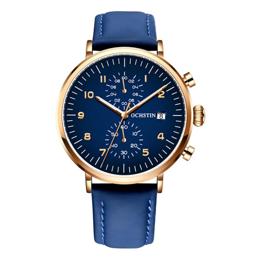 Blue leather quartz watch with gold-tone case and deep blue dial with subdials
