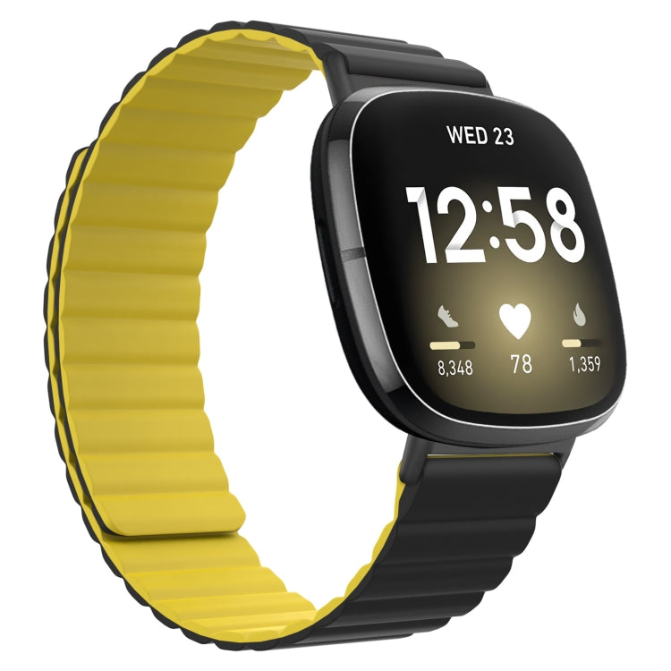 Yellow silicone magnetic watch band with ridged links for smartwatch.