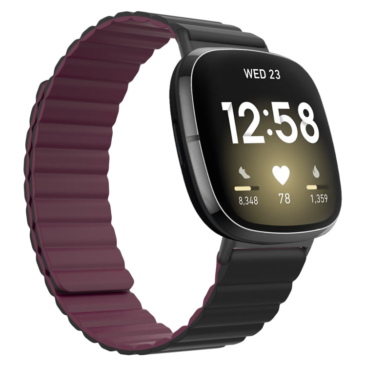 Wine red silicone magnetic watch band with ridged links for smartwatch.