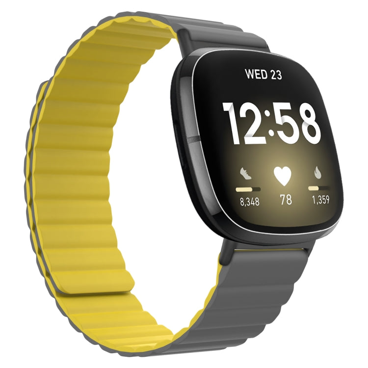 Silicone magnetic watch band, yellow with gray clasp, on a smartwatch with black display