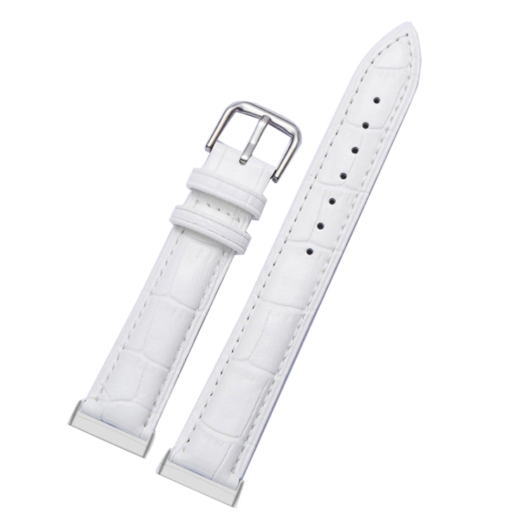 White crocodile-texture leather watch band with silver buckle, stitched edges, and pin holes