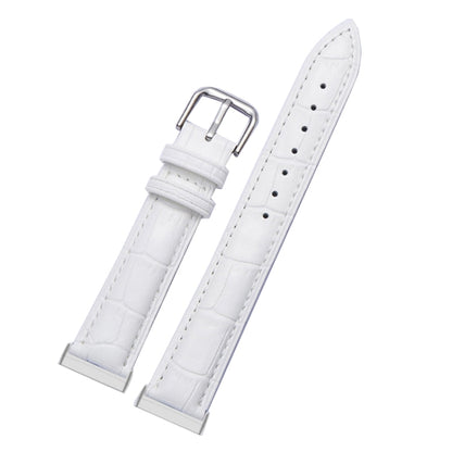 White crocodile-texture leather watch band with silver buckle, stitched edges, and pin holes