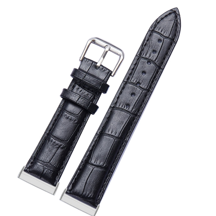 Black crocodile-texture genuine leather watch band with silver buckle and stitched pin holes