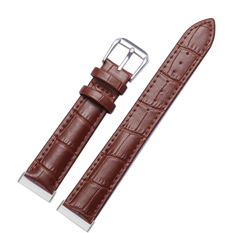 Brown crocodile-texture genuine leather watch band with silver buckle and stitched adjustment holes