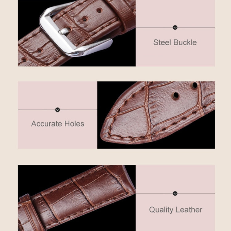 Brown crocodile-texture genuine leather watch band with steel buckle and punched holes