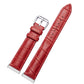 Red crocodile-texture leather watch strap with silver buckle and detailed stitched pattern
