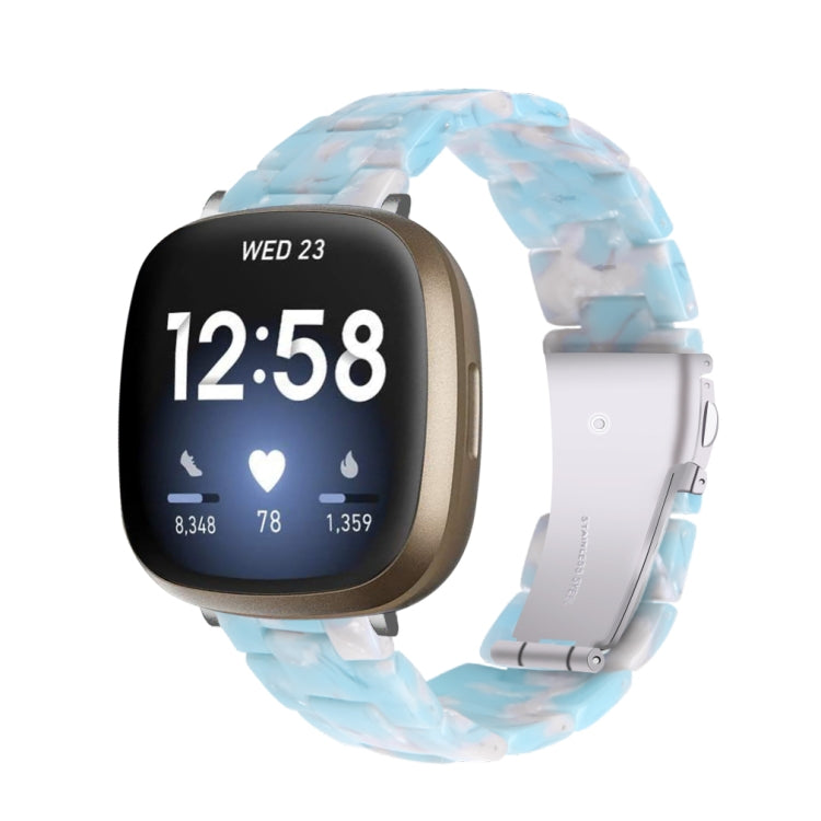 Blue translucent resin link watch band with molded pattern, smartwatch side view
