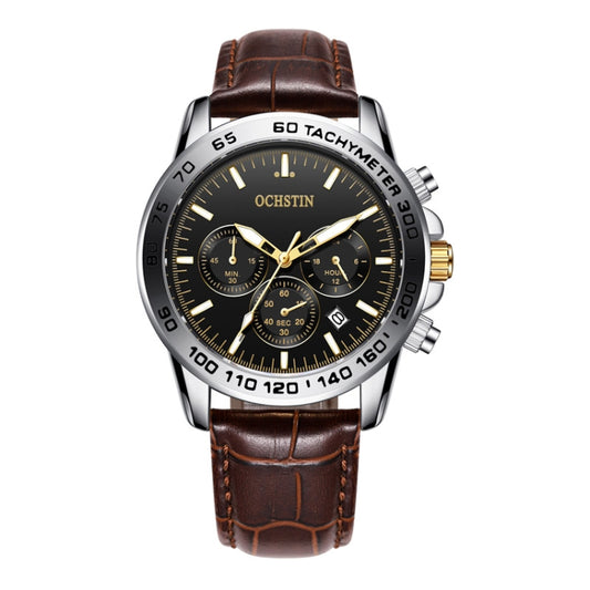 OCHSTIN men’s quartz chronograph watch with brown leather strap and black tachymeter dial