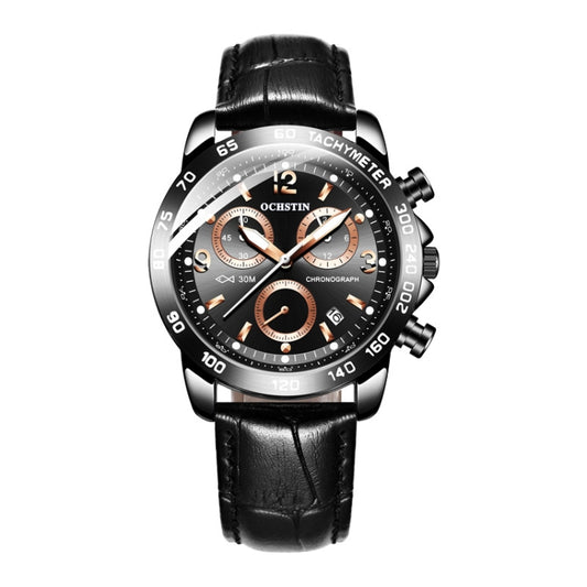 OCHSTIN men’s chronograph watch with black leather strap and black dial, round silver case