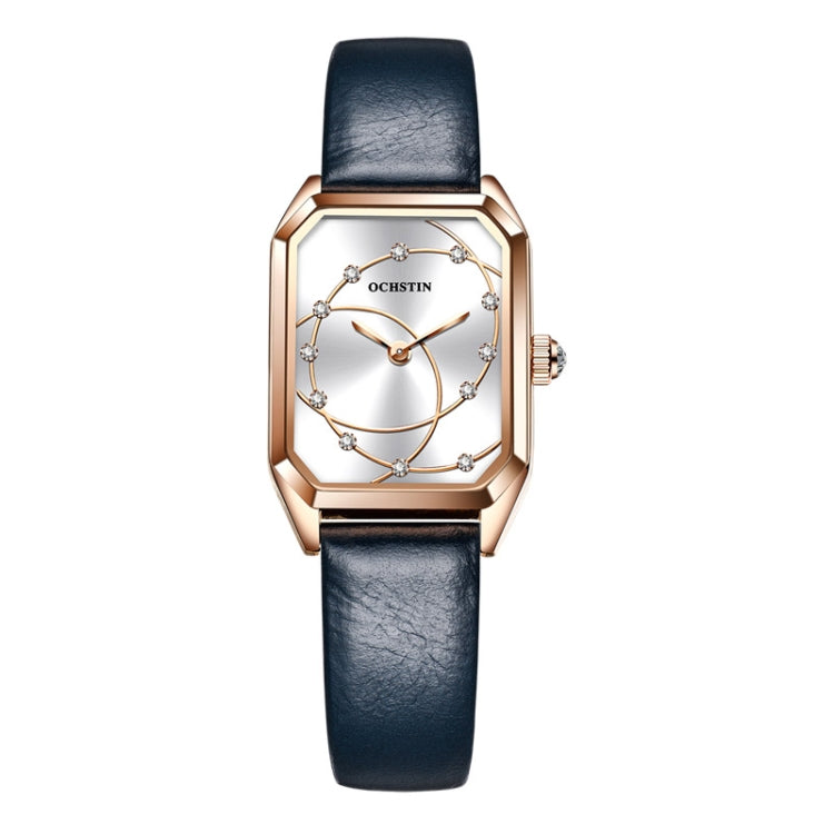 Rose gold-tone square quartz watch with dark blue leather strap and white dial, OCHSTIN
