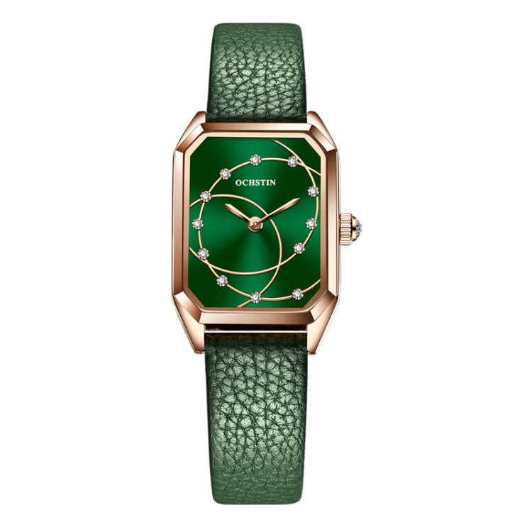 Rose gold-tone square quartz watch with green leather strap and green dial, OCHSTIN