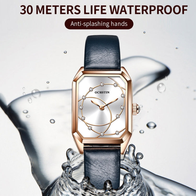 Rose gold-tone square quartz watch with dark blue leather strap and white dial, OCHSTIN