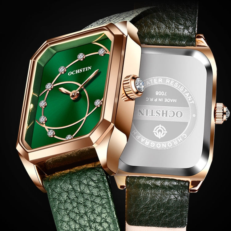 Rose gold-tone square watch caseback with water-resistance markings and green leather strap