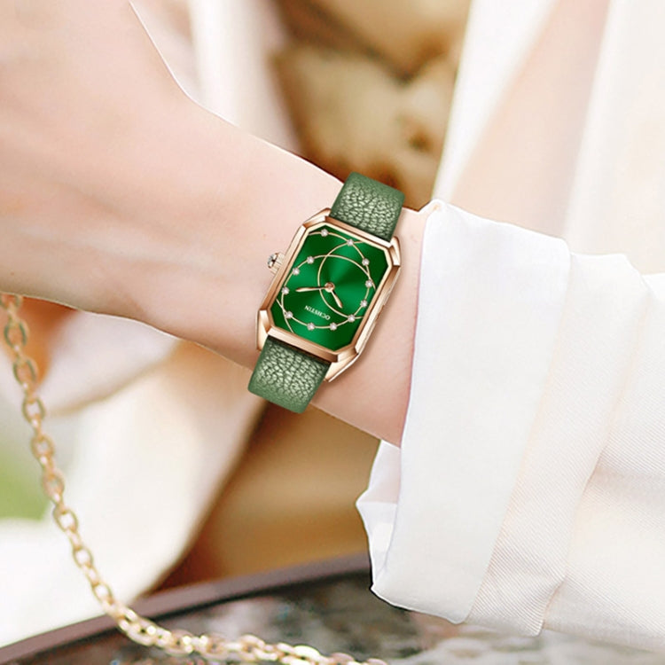 Square quartz watch with green leather strap and gold-tone case, green dial