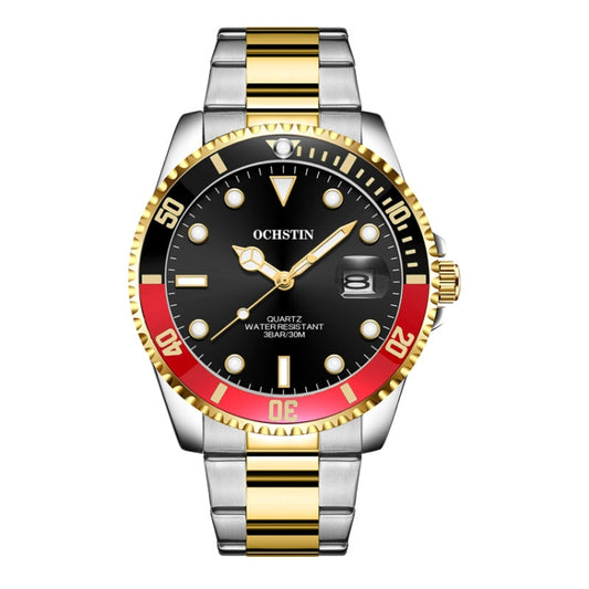 Men's analog quartz wristwatch with black dial, red/gold bezel, steel bracelet