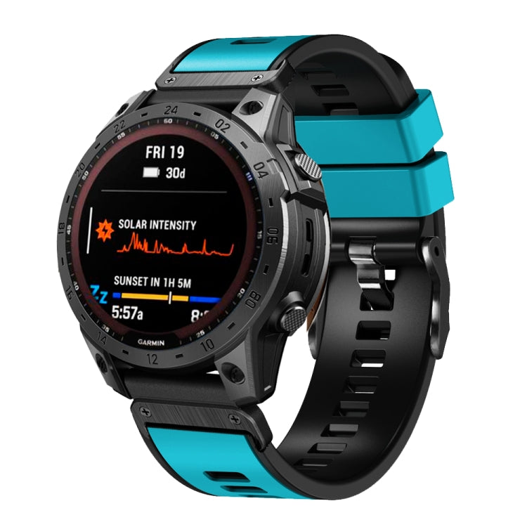 Two-color silicone quick release watch band with teal and black straps