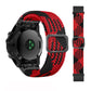 Adjustable braided nylon watch band with red and black knit pattern and silver buckle for Garmin Fenix 7