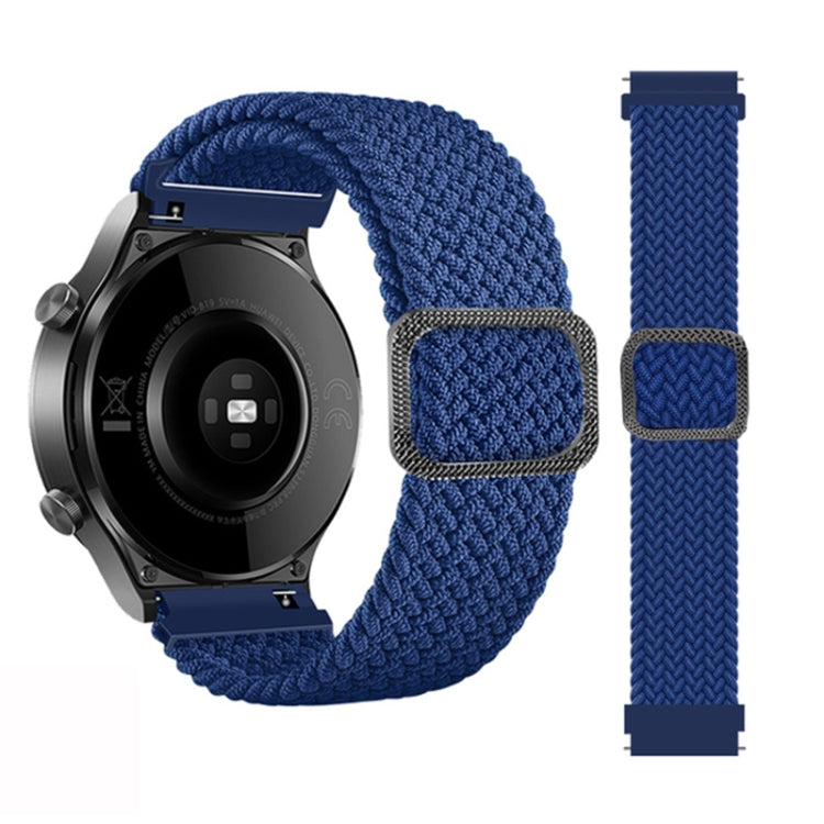 Adjustable braided nylon watch band with solid blue knit fabric and gold-toned buckle for Garmin Fenix 7