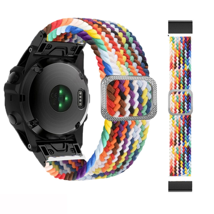 Adjustable braided nylon watch band with rainbow weave and silver buckle for Garmin Fenix 7