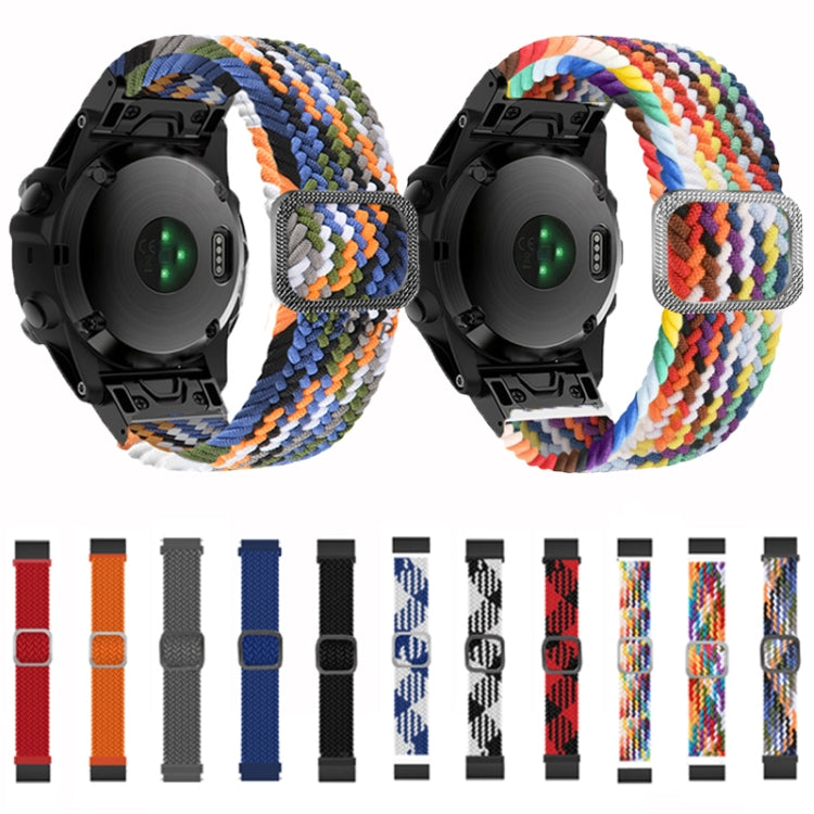 Two multicolor braided nylon watch bands with rectangular buckle on black smartwatch cases