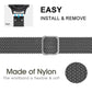 Gray braided nylon watch band close-up with textured rectangular clasp and metal pins