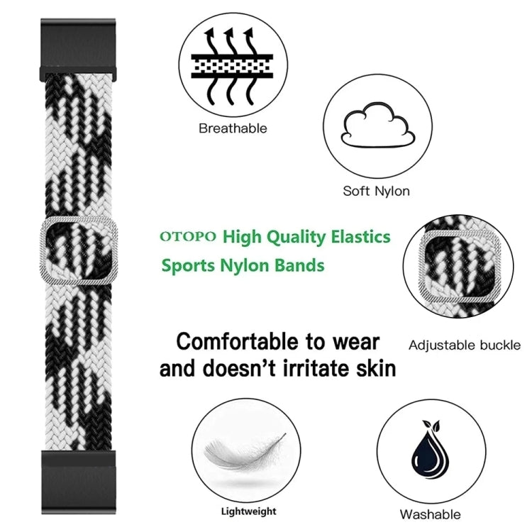 Black and white woven nylon watch band with adjustable buckle and cushioned clasp