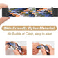 Hands holding multicolor braided nylon watch band with rectangular adjustable buckle