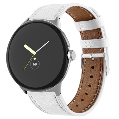 White genuine leather watch band with silver buckle and perforated stitch holes