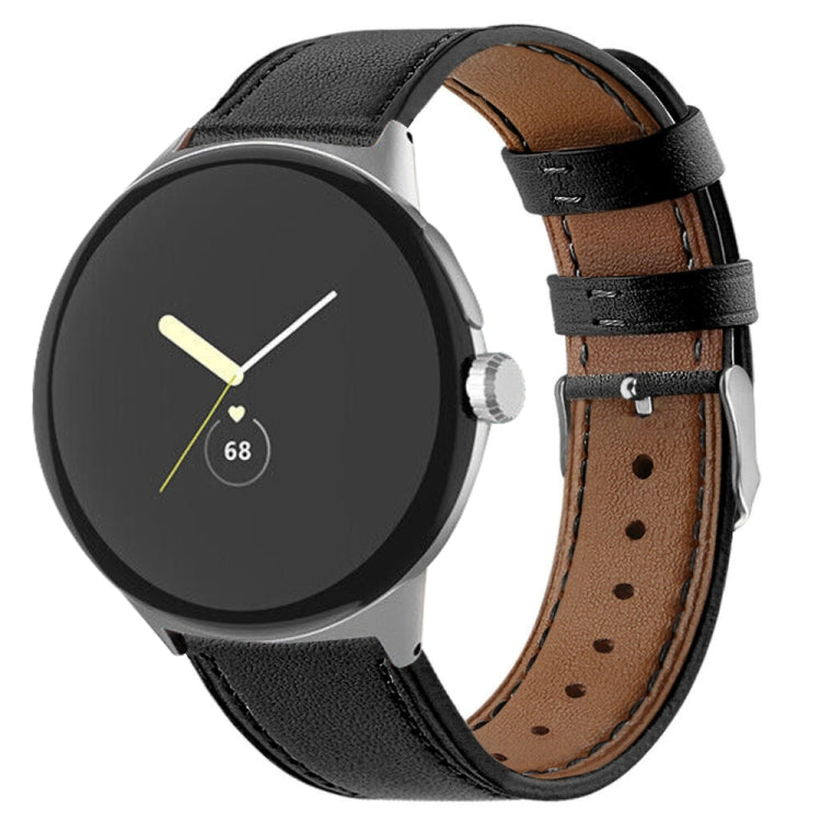 Black genuine leather watch band with silver buckle and perforated stitch holes
