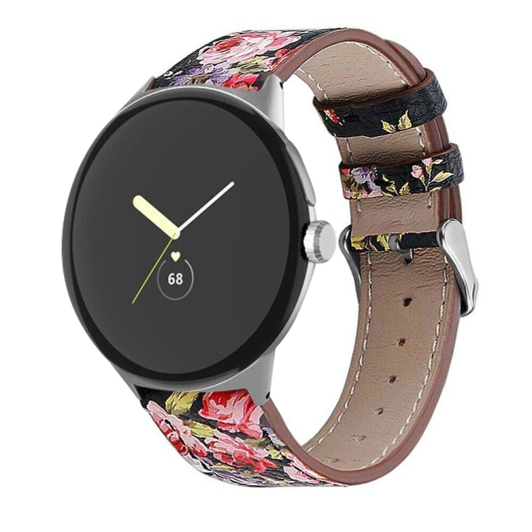 Floral genuine leather watch band with rose, navy, and yellow accents and silver buckle