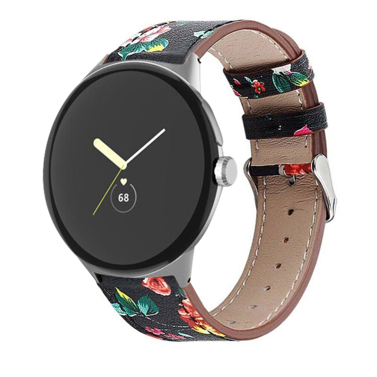Floral genuine leather watch band with dark base, red roses, and green leaves and silver buckle