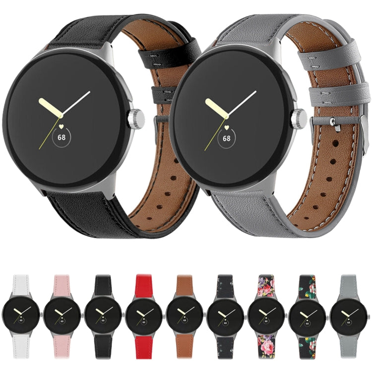 Genuine leather round watch band, black and gray with pin buckle and punched holes