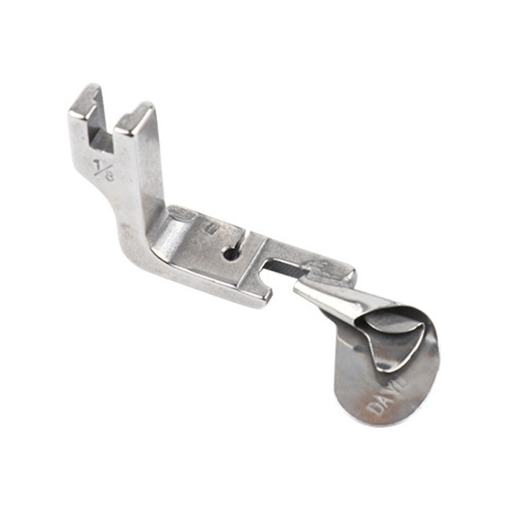 Stainless rolled hem presser foot with curled fabric edge channel