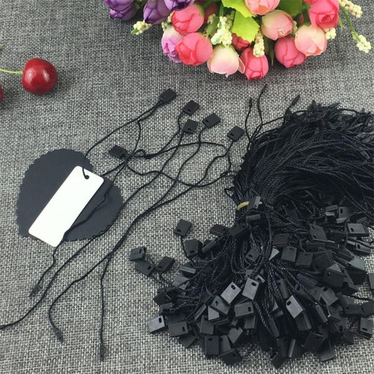 Cotton clothing tag rope with black plastic square hang tags and white label tags