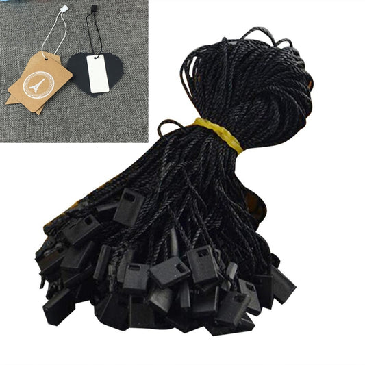 Cotton clothing tag rope with black plastic square hang tags and string bundle