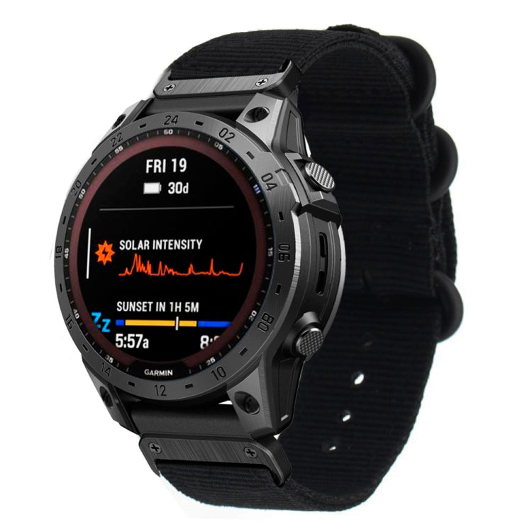 Black woven nylon watch band with three-ring steel buckle and adjustment holes