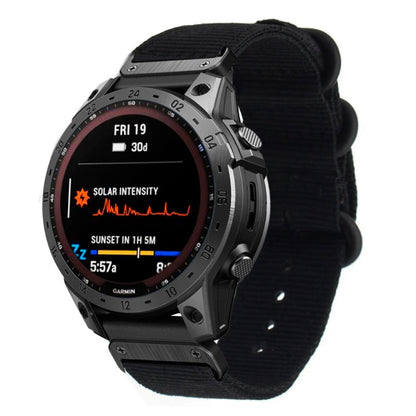 Black woven nylon watch band with three-ring steel buckle and adjustment holes