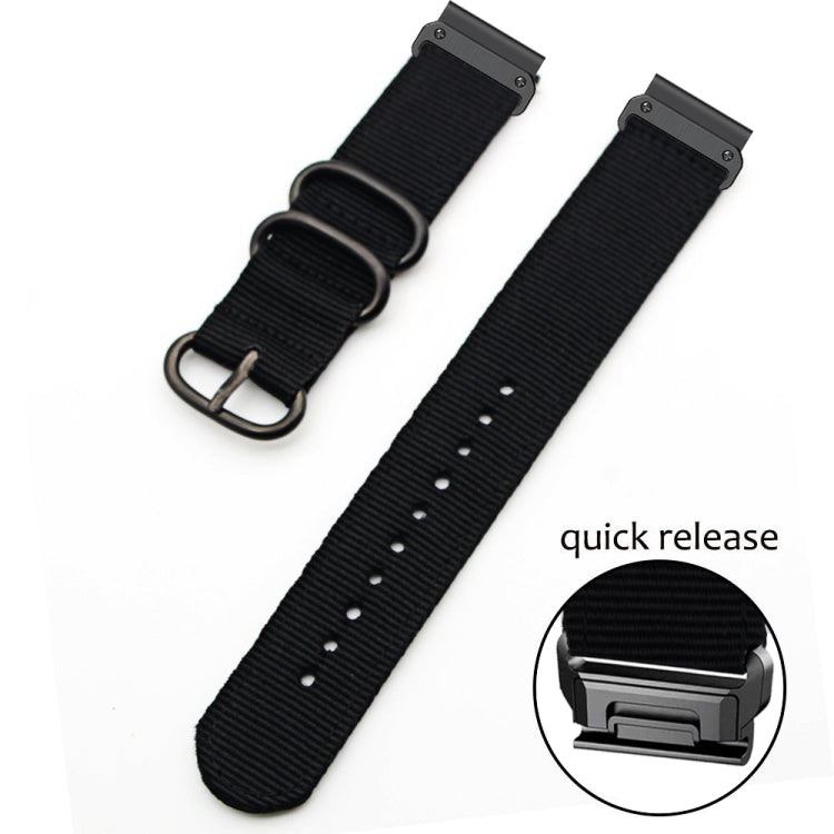 Black nylon watch band with three-ring buckle and quick-release clasp