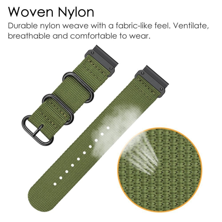 Army green woven nylon watch band with three-ring buckle and adjustable holes