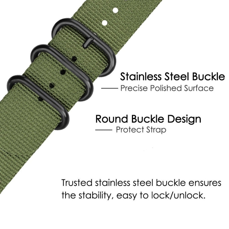 Army green nylon watch band with stainless steel three-ring buckle and round protect design