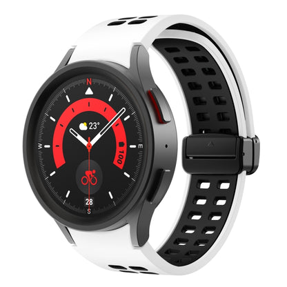 White silicone watch band with double-row holes and fold-over buckle, black clasp.