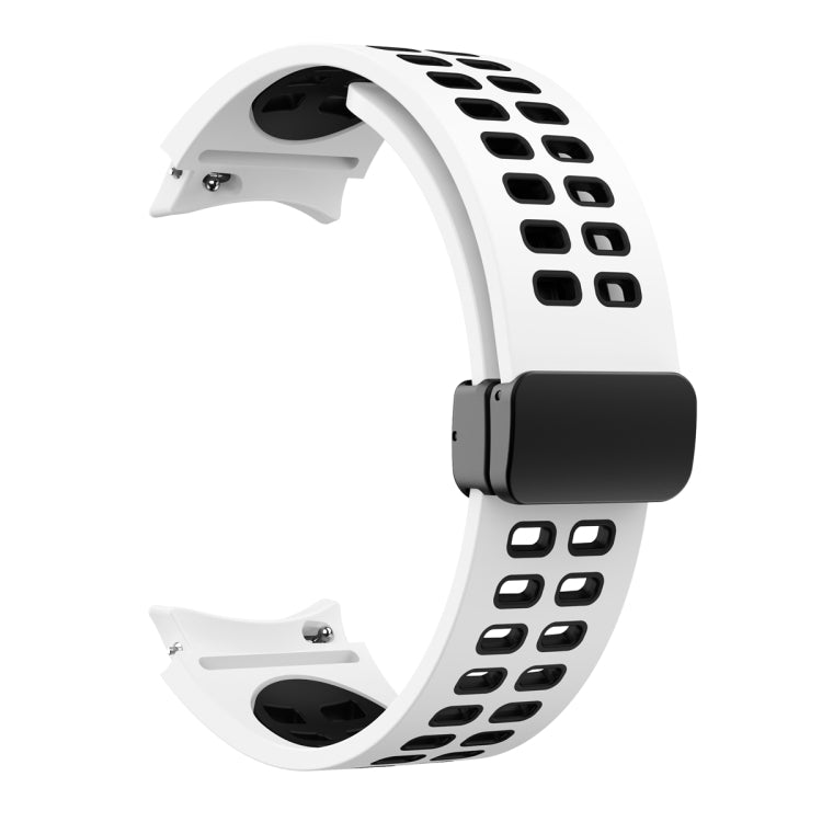 White silicone watch band with double-row holes and fold-over buckle, black clasp.